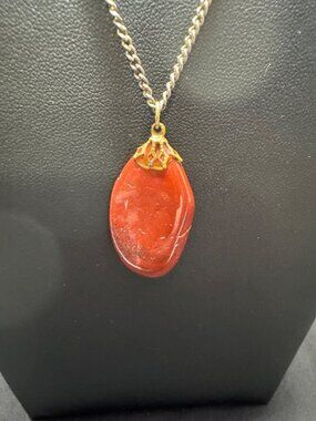 Red Jasper Pendant Necklace With Gold-Tone Bail & Chain - 18" Chain Length Teard